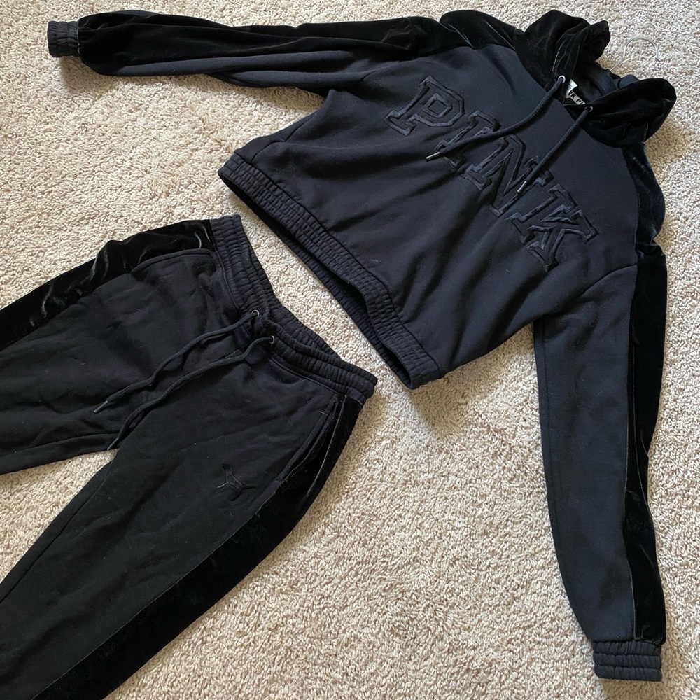 PINK VS Suede lined Hooded Sweater Pant Set Black XS